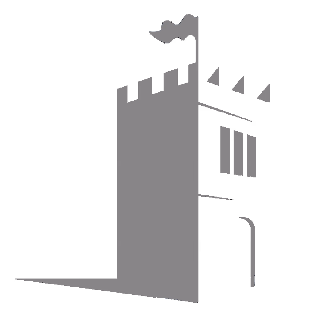Gray silhouette of a castle tower with battlements, windows, and a flag on top.